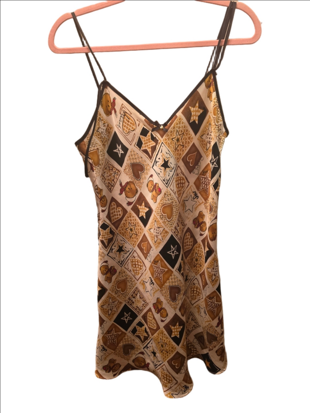 Y2K Teddy Bear Heart Star Print Satin Slip Mini Dress Blush Lingerie